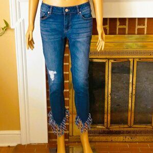 Distressed Cropped Skinny Jeans 4 Mid Rise Fringe Hem Frayed Stretch